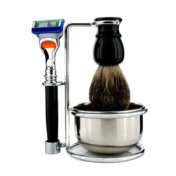 FX99 Shave Set (Black): 5 Blade Razor + Shave Brush + Chrome Stand + Chrome Shave Soap Bowl Razor MD Image