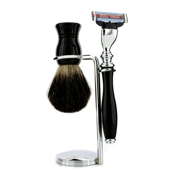 Black 360 Shave Set: Badger Hair Shave Brush + Chrome Stand + Razor Razor MD Image