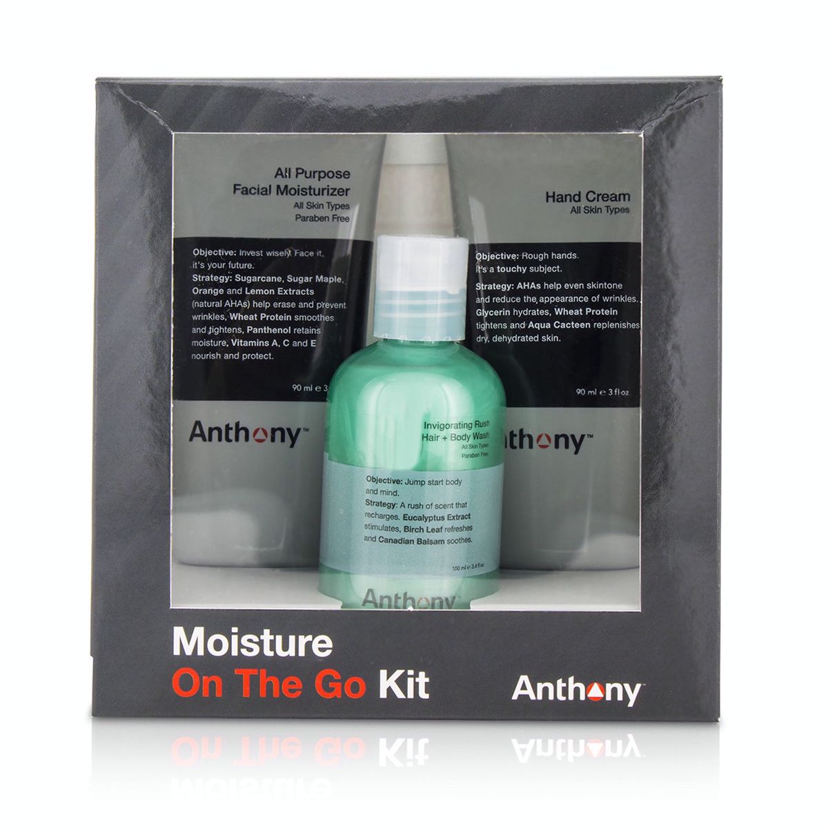 Moisture On The Go Kit: All Purpose Facial Moisturizer 90ml + Invigorating Rush Hair  Body Wash 100ml + Hand Cream 90ml Anthony Image