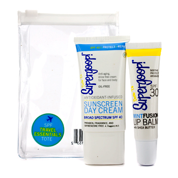 SPF Travel Essentials Tote Set: Day Cream 30ml + Lip Bam SPF30 15ml Supergoop Image