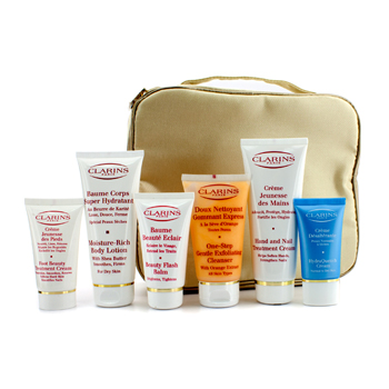Face And Body Treasures: Hand & Nail Treatment + Beauty Flash Balm + Body Lotion + Cleanser + Foot Cream + HydraQuench Cream + Bag Clarins Image