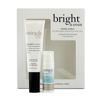 Bright & Even Set: Miracle Worker Broad-Spectrum SPF50+ Sunscreen Miraculous Anti-Aging Lotion 50ml/1.7oz + Miracle Worker Miraculous All-Over Brightener & Dark Spot Corrector 13.5ml/0.45oz Philosophy Image