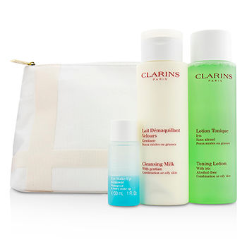 Cleansing Set (Combination or Oily Skin): Cleansing Milk 200ml + Toning Lotion 200ml +  Eye Make-Up Remover 30ml + Bag Clarins Image