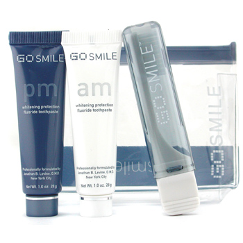 Jet Set Kit: AM Fluoride Toothpaste 28g + PM Fluoride Toothpaste 28g + Toothbrush + Bag GoSmile Image